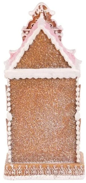 Vianočná dekorácia Perníková vežička s ružovou strechou, polyresin, LED, hnedá