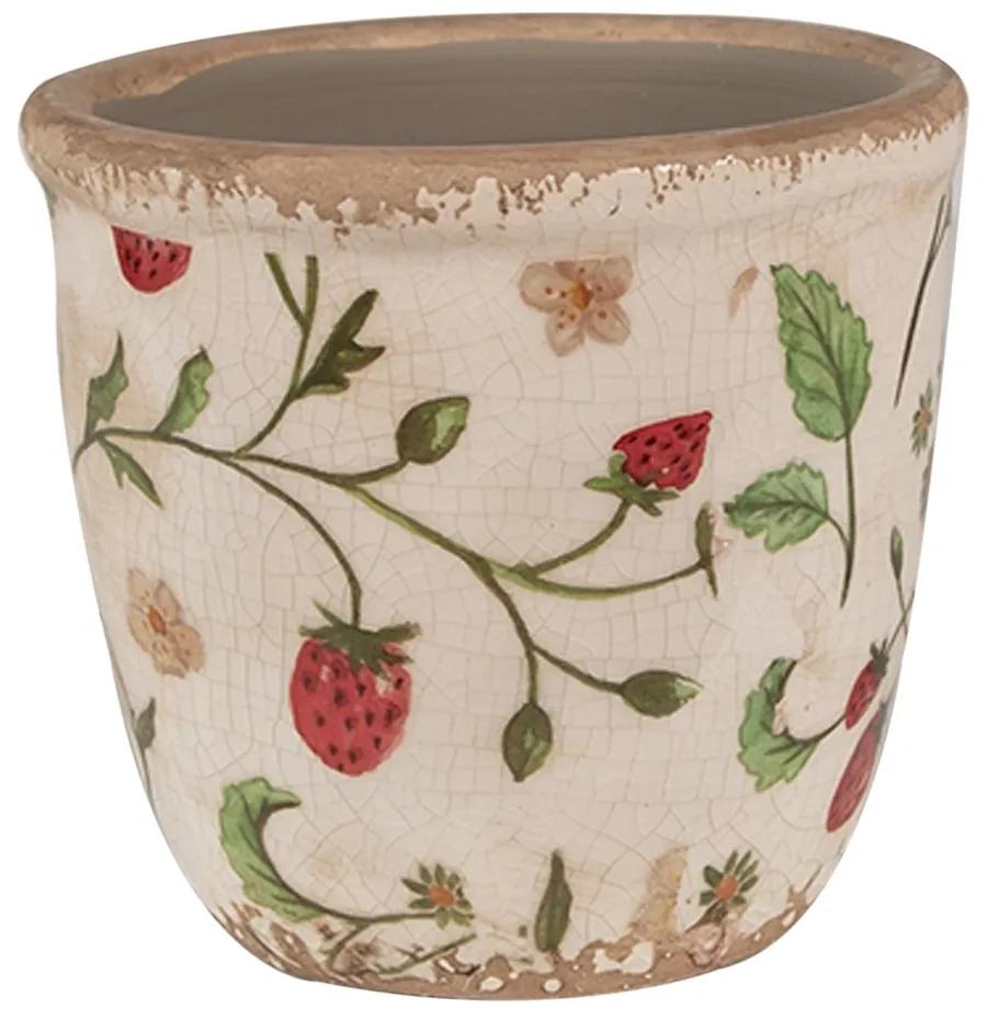 Béžový keramický obal na kvetináč s jahôdkami Wild Strawberries XS - Ø 11*10 cm