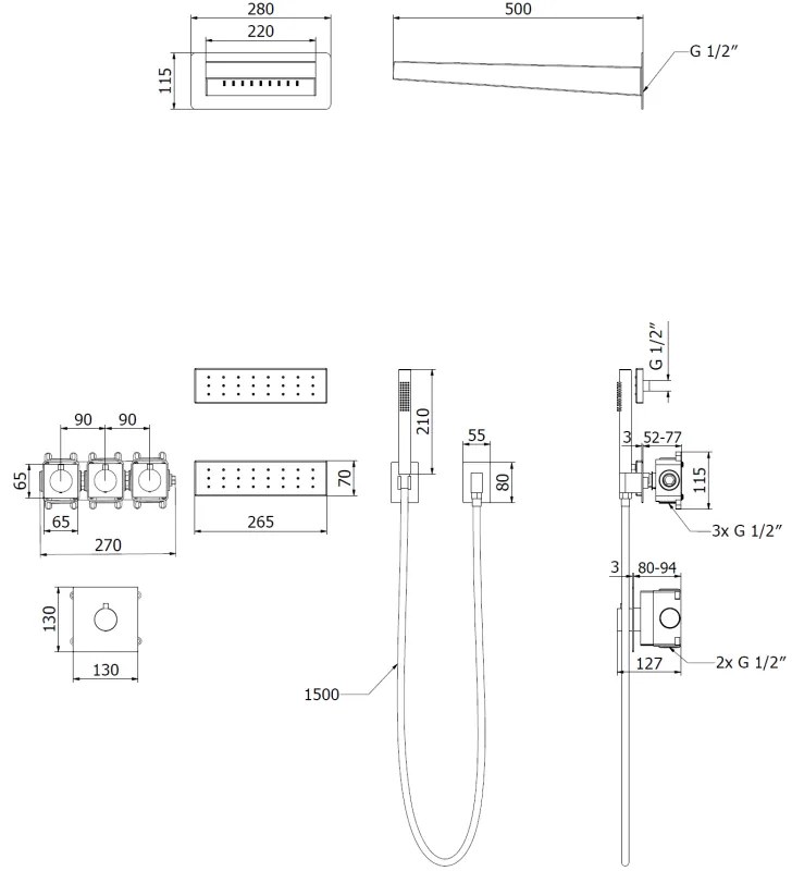 Mexen Fall, sprchová súprava pod omietku, čierna matná, 7602-04-70