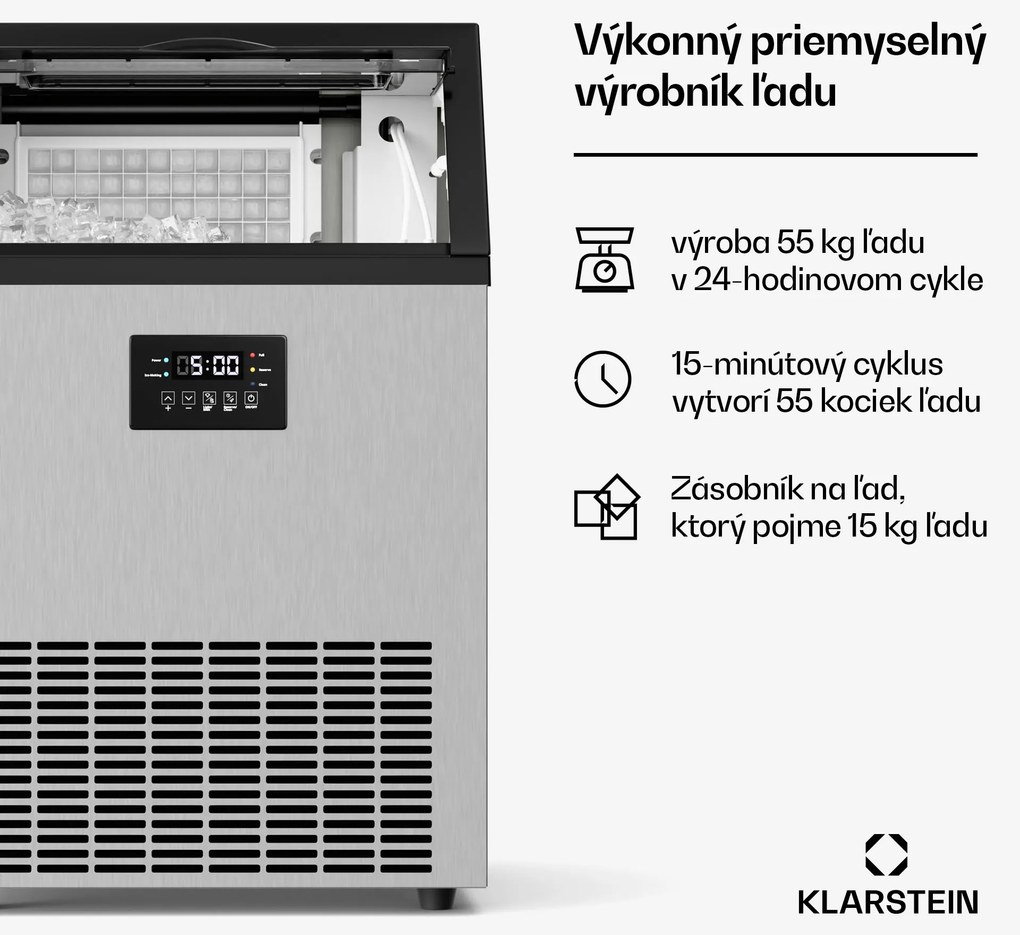 Klarstein Glacial priemyselný výrobník kociek ľadu 55 kg s LED displejom a okienkom