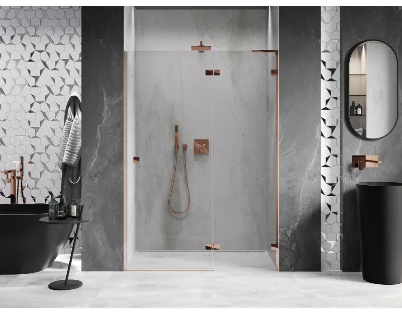 Mexen Lunar L, výklopné pravé sprchové dvere 130 cm, 8mm číre sklo, ružové zlato profil, 834L-130-000-60-00-P