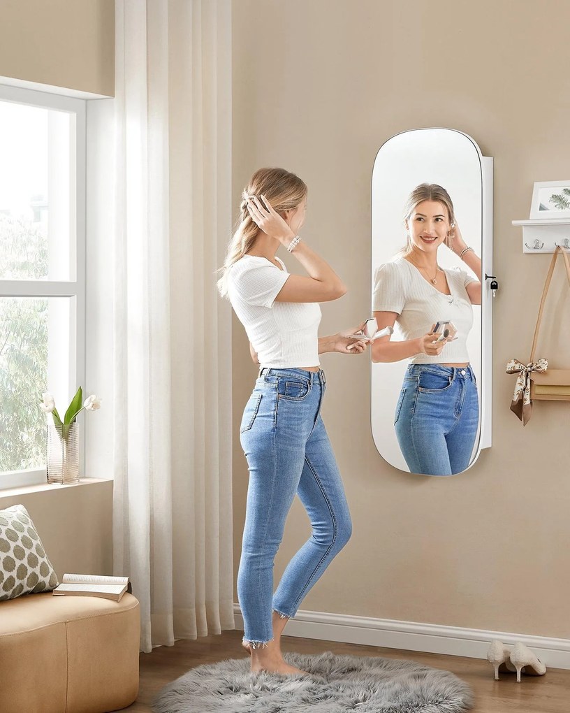 LED zrkadlo s úložným priestorom na šperky 10×42×108 cm, biele