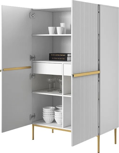 Vysoká komoda Nicole 100 cm s dvoma dverami a ryhovaným čelom - biely mat / zlaté nohy