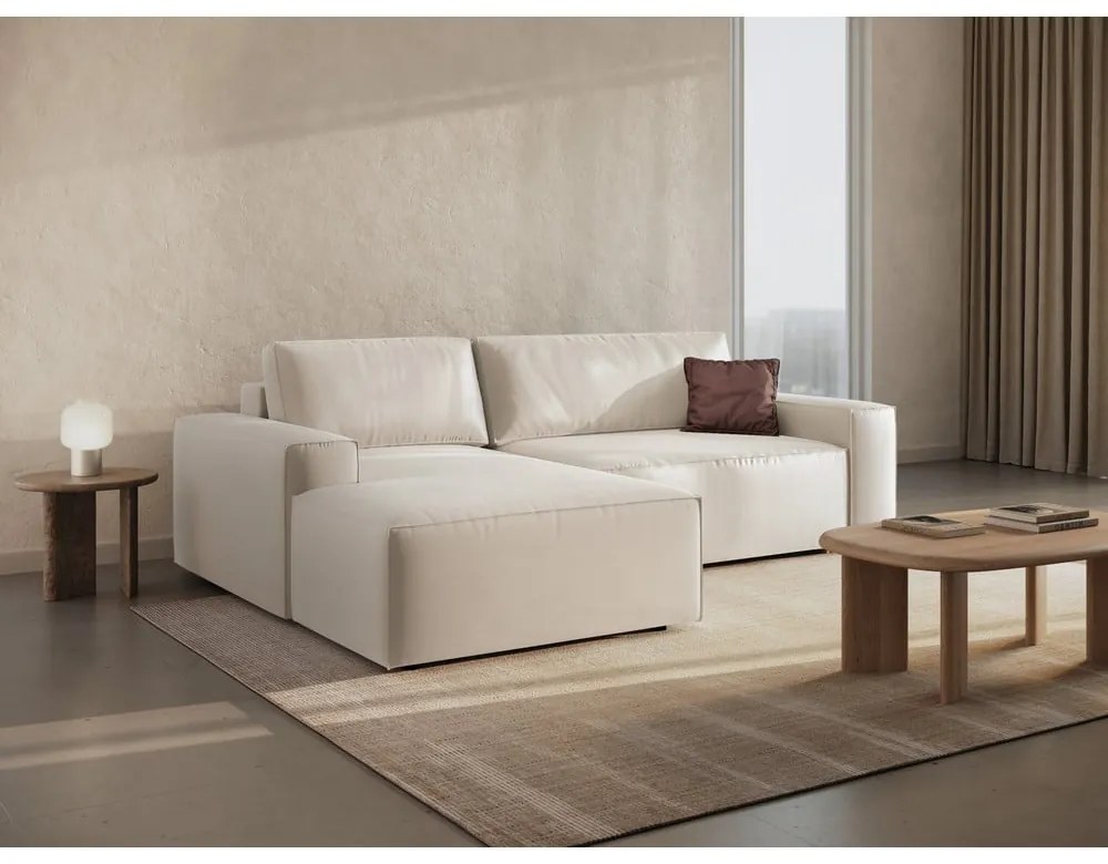 Béžová zamatová rozkladacia/s úložným priestorom rohová pohovka (ľavý roh/s leňoškou) Jodie – Micadoni