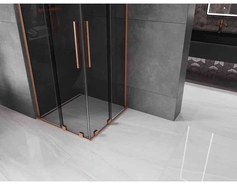 Mexen Velar L Duo, sprchový kút s posuvnými dverami 100 x 100 cm, 8mm šedé sklo, medená matná, 871-100-100-02-43-65