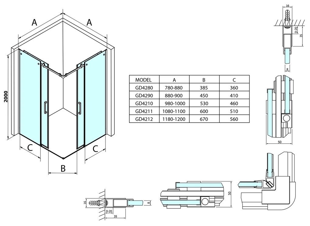 Gelco, DRAGON štvorcová sprchová zástena 1200x1200mm L/P varianta,rohový vstup, GD4212GD4212