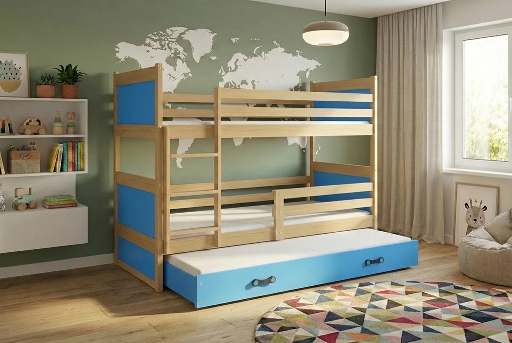 Poschodová posteľ s prístelkou RICO 3 190x90 Borovica - Modrá