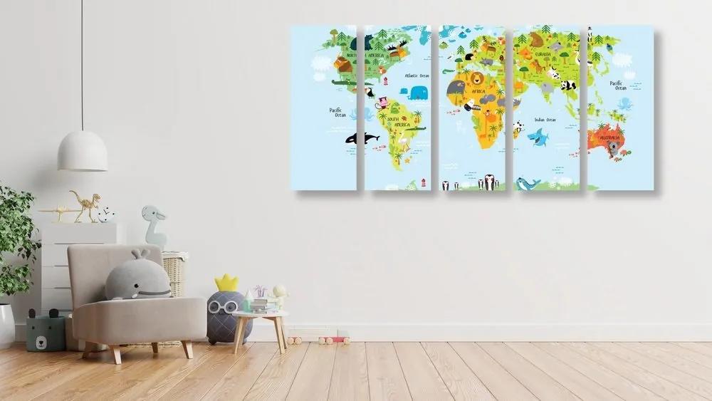5-dielny obraz detská mapa sveta so zvieratkami - 200x100