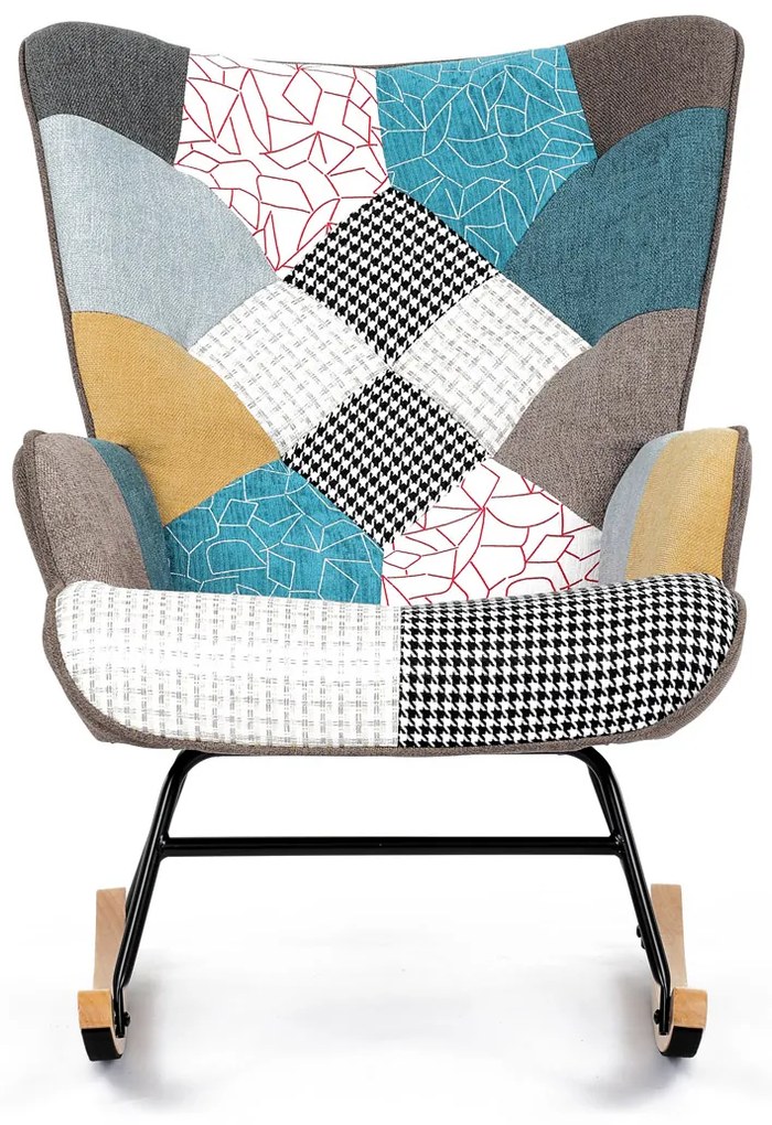 Autronic - Křeslo houpací, potah patchwork látka, dřevěné nohy, masiv kaučukovník - AK-374 PW2