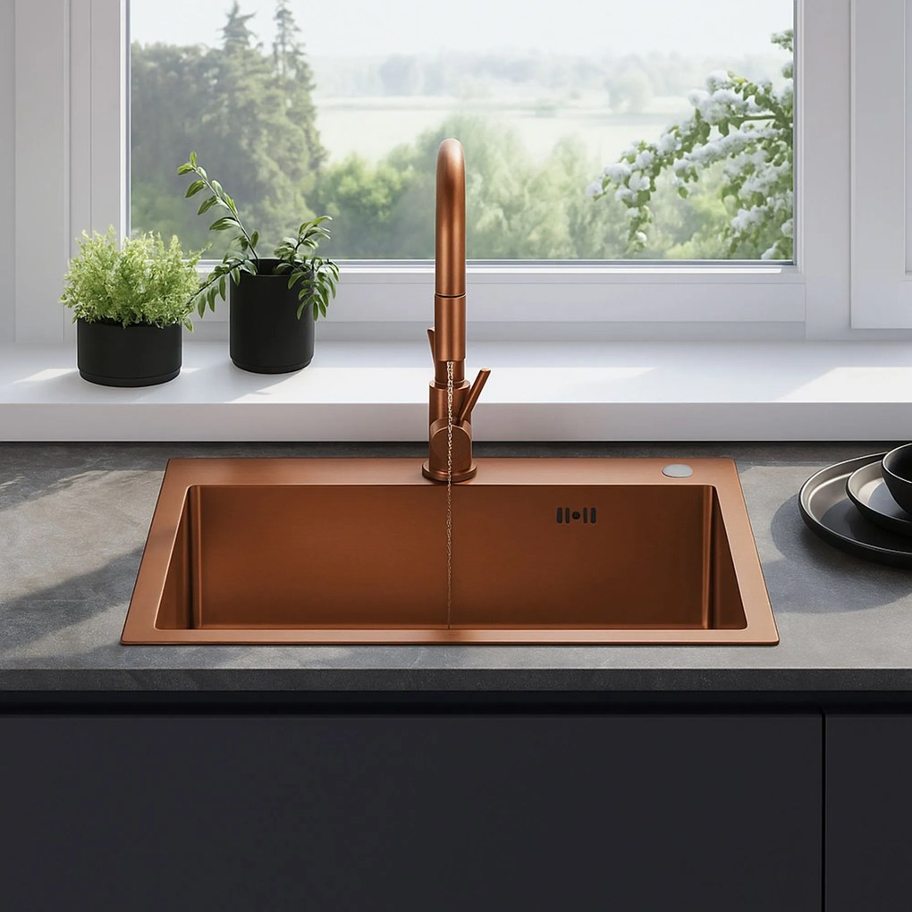 Rea Liam, oceľový kuchynský drez 580x450x185 mm, medená matná, ZLE-06050