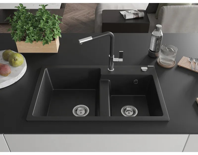 Mexen Tomas, 2-komorový granitový drez 800x500x190 mm a drezová batéria Flora, čierna, 6516-77-670401-07