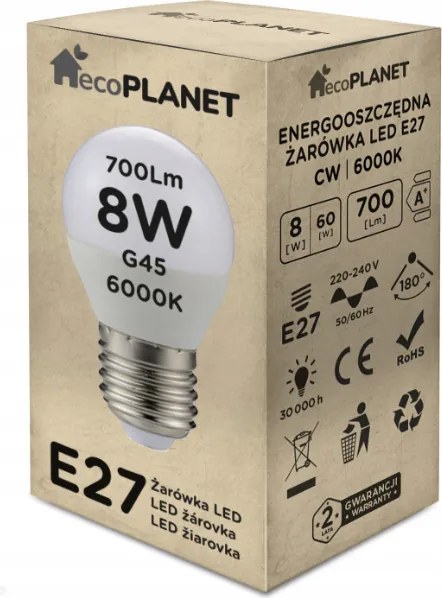 ecoPLANET LED žiarovka E27 - G45 - 8W - 700lm - studená biela