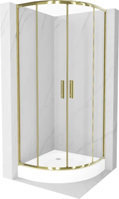 Mexen Rio, štvrťkruhový sprchovací kút s posuvnými dverami 80(dvere) x 80(dvere) x 190 cm, 6mm číre sklo, zlatý profil + biela sprchová vanička RIO, 863-080-080-50-00-4710