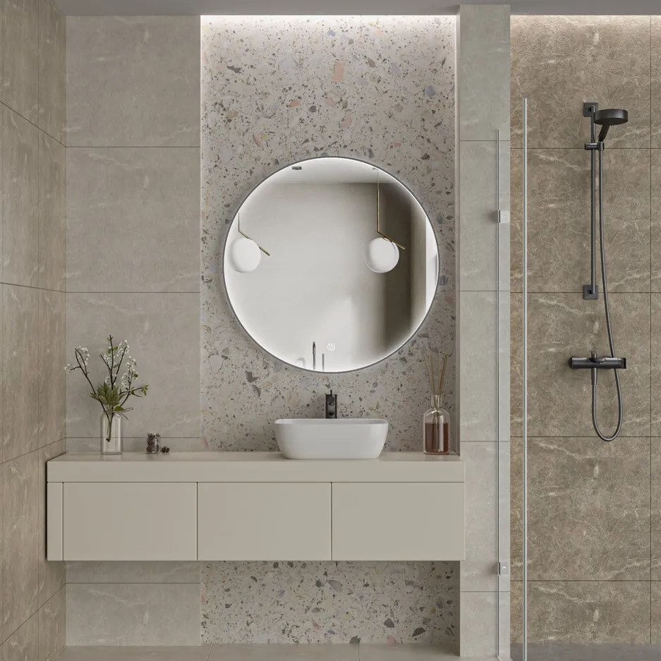 Erga Charlotte, okrúhle LED zrkadlo 90cm, čierny kovový rám, 2070 lm, 6500K, predné bočné osvetlenie, ERG-V01-204-9090-BK
