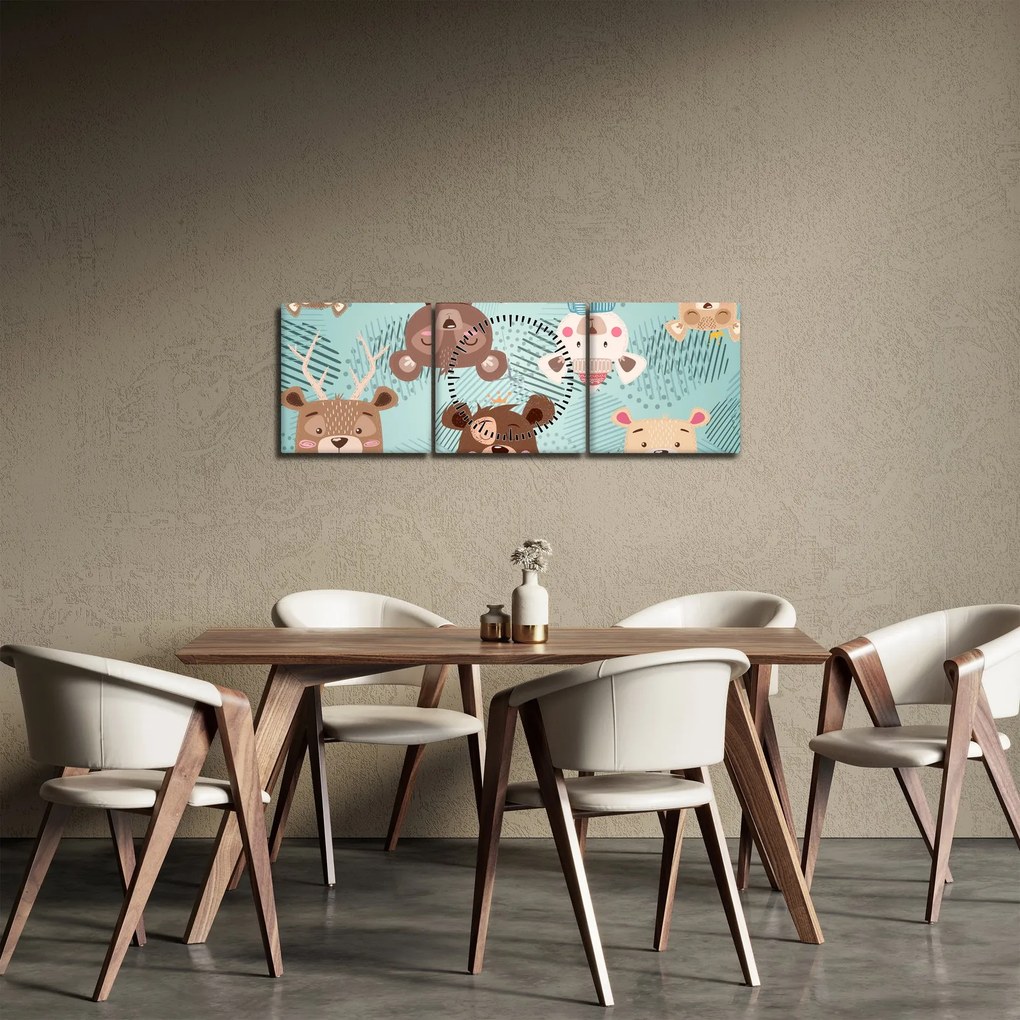 Obraz - Veselí medvedíci (s hodinami) (90x30 cm)