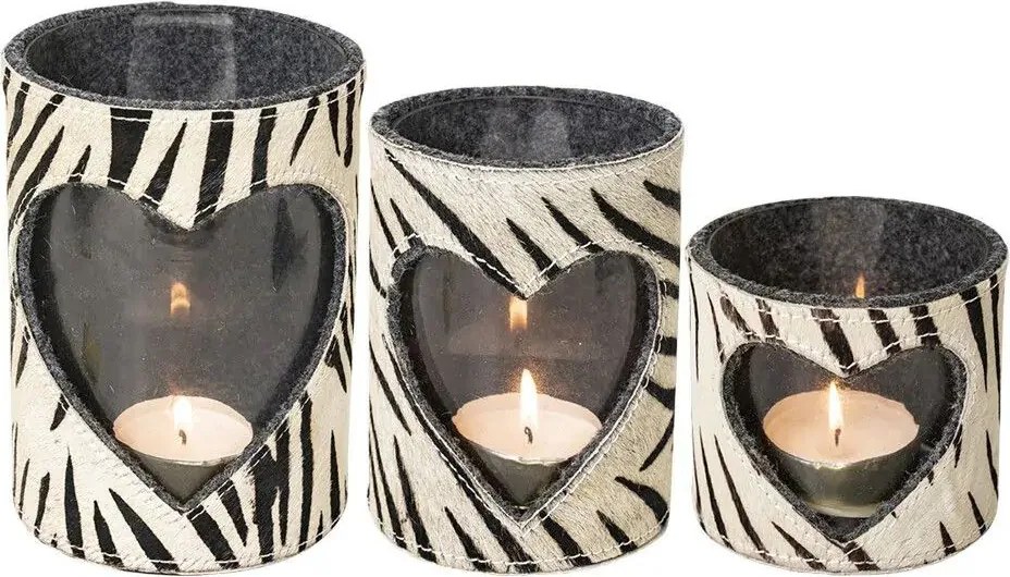 Svietnik so srdcom zdobený kožou so vzorom Zebra - 11,5*11,5*16cm