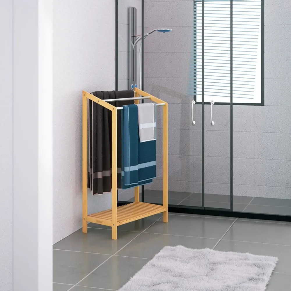 Bambusový stojan na uteráky RUBBY s kovovými tyčami a policou , 51x31x85 cm, hnedá/strieborná Casaria