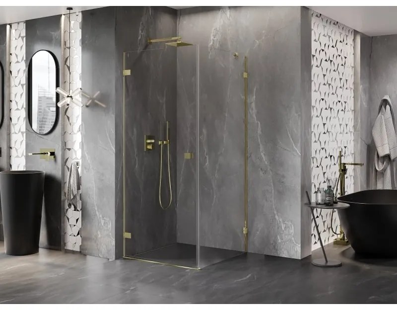 Mexen Lunar-B, výklopný sprchový kút ľavý 90 x 90 cm, 8mm číre sklo, zlatý profil, 832-090-090-50-00-L