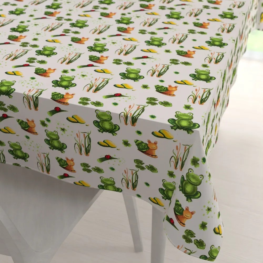 Biante Detský bavlnený obdĺžnikový obrus Sandra SA-609 Žabky a slimáky na bielom 140x180 cm