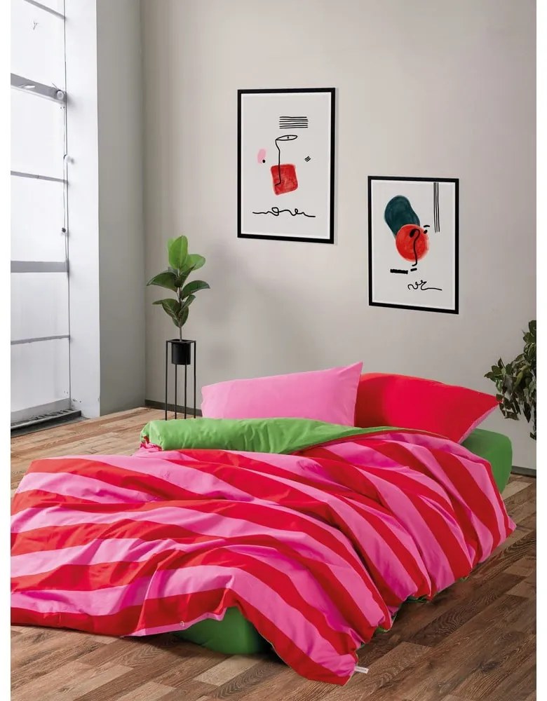 Zelené/ružové obliečky na dvojlôžko/predĺžené z bavlny Renforcé s plachtou/4-dielne 200x220 cm Cherie – Mijolnir