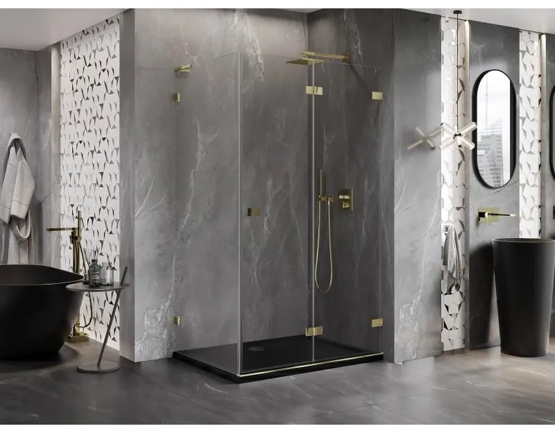 Mexen Lunar-F L, 1-krídlový sprchový kút so skladacími dverami, pravý, 100 x 90 cm, 8mm číre sklo, zlatý lesklý profil, 836L-100-090-50-00-P