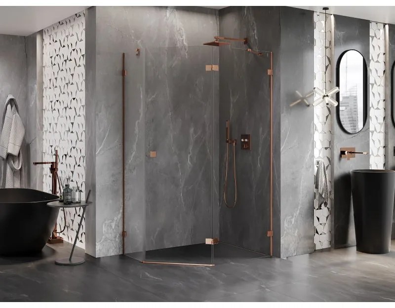 Mexen Lunar, päťuholníkový sprchový kút s pravým sklonom 90 x 80 cm, 8mm číre sklo, profil ružové zlato, 831-090P-080L-60-00-P