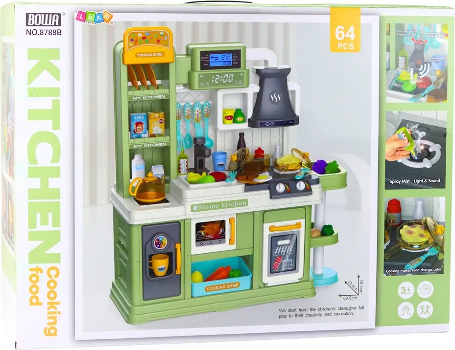 LEAN Toys Detská kuchynka s cirkuláciou vody, zmenou farby jedla a parou, zelená, 64 ks