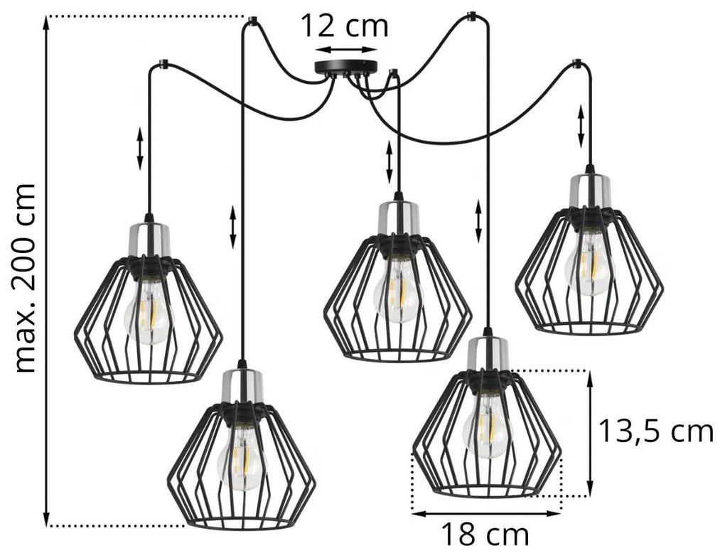 Závesné svietidlo NUVOLA SPIDER 4, 5x čierne drôtené tienidlo, CH