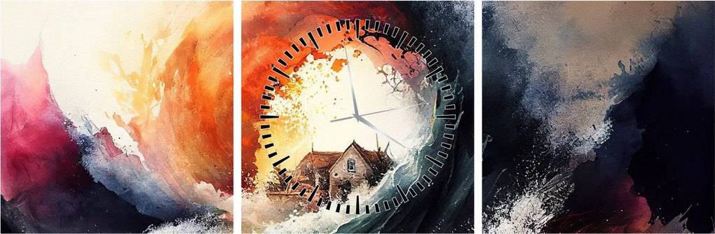 Obraz - Vo víre povodne, akvarel (s hodinami) (90x30 cm)