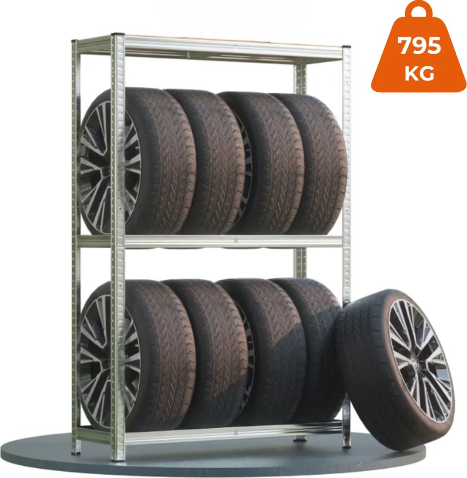 Regál na pneumatiky TYRE, 120x40x180cm, max 795kg, strieborná / bledohnedá Jurhan