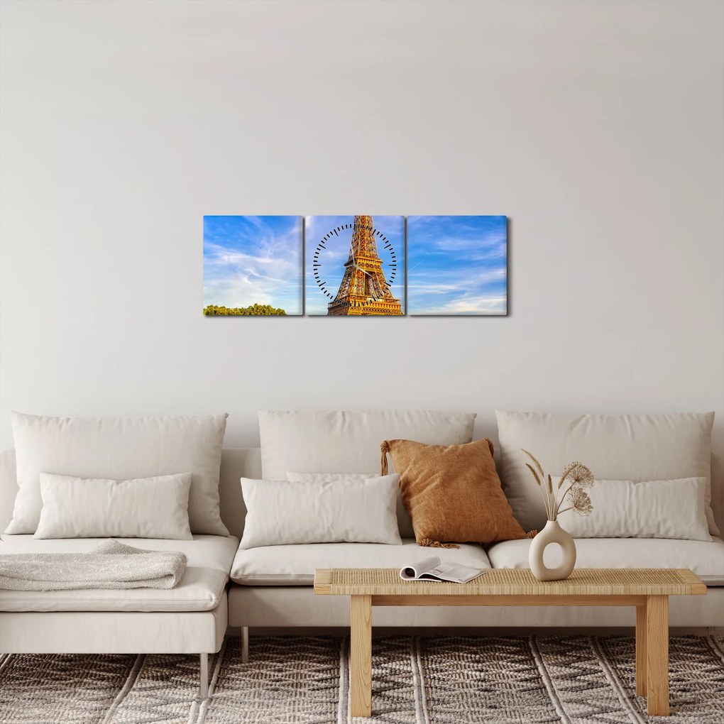 Obraz - Eiffelova veža (s hodinami) (90x30 cm)