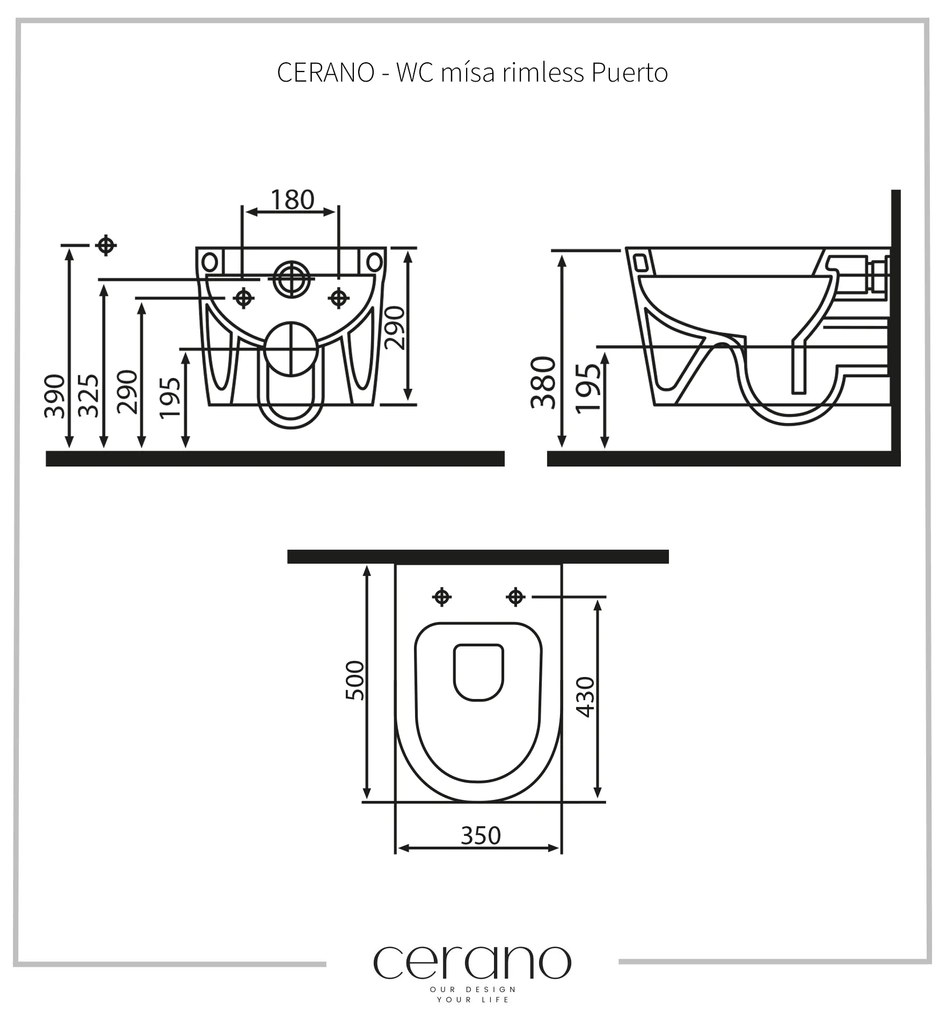 Cerano Puerto, závesná WC misa Rimless 50x35 cm bez WC sedadla, čierna matná, CER-CER-403392