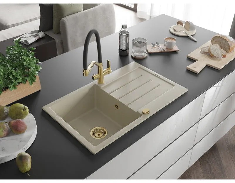 Mexen Bruno, 1-komorový granitový drez 795x495x200 mm a drezová batéria Duo, béžová, 6513-69-671701-57-G