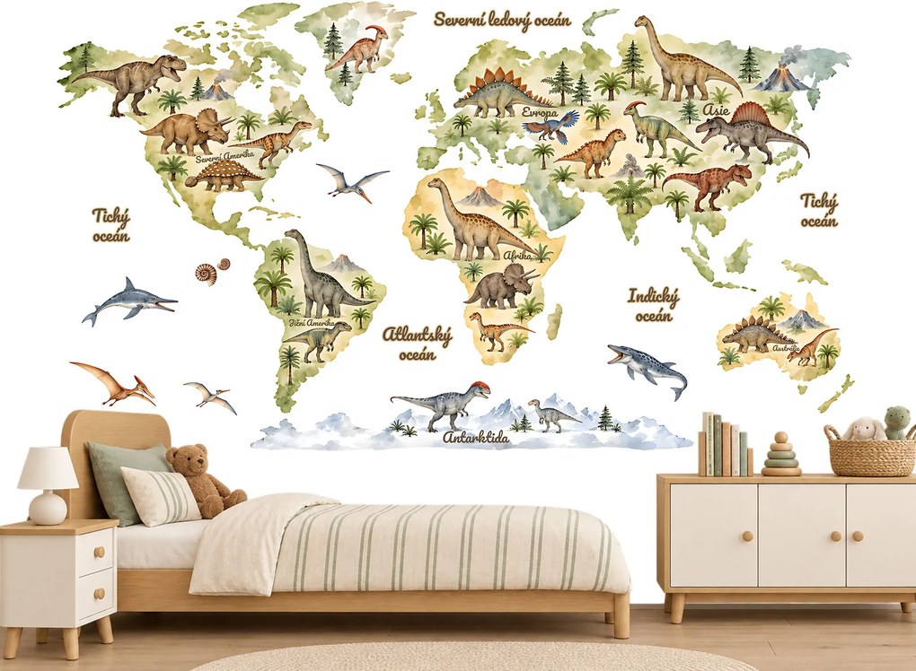 Akvarelová mapa sveta s dinosaurmi prelepiteľné nálepky na stenu výsledný rozmer 109 x 62 cm