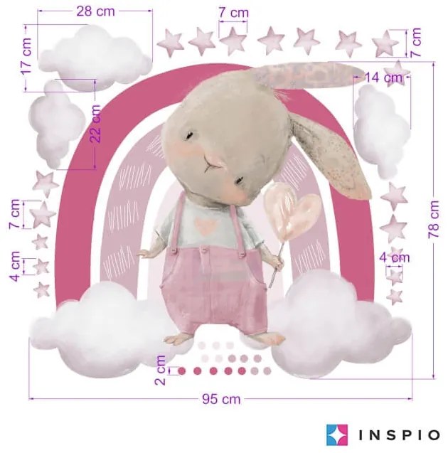 Nálepky na stenu - Zajačik a dúha v ružových farbách