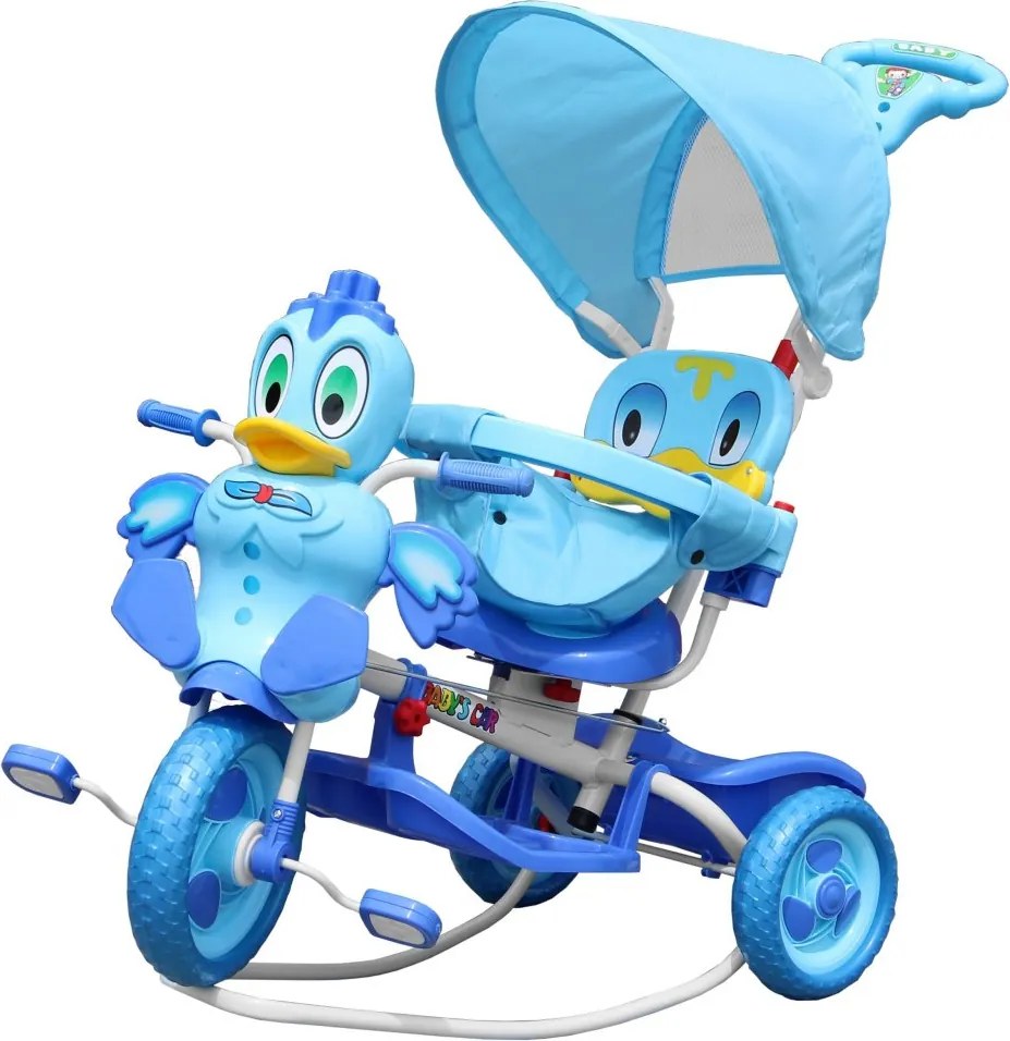 RAMIZ Detský 3-kolesový bicykel Duck Blue + zvuky + strecha + zábrana + opierka na nohy + rukoväť + úložný priestor