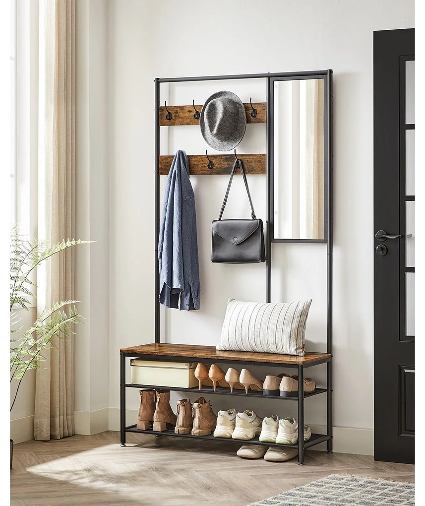 Predsieňový vešiak s botníkom a zrkadlom Vasagle Pagas hnedý/čierny