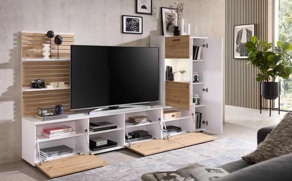 Obývacia stena Heathrow, biela/dub artisan, s osvetlením