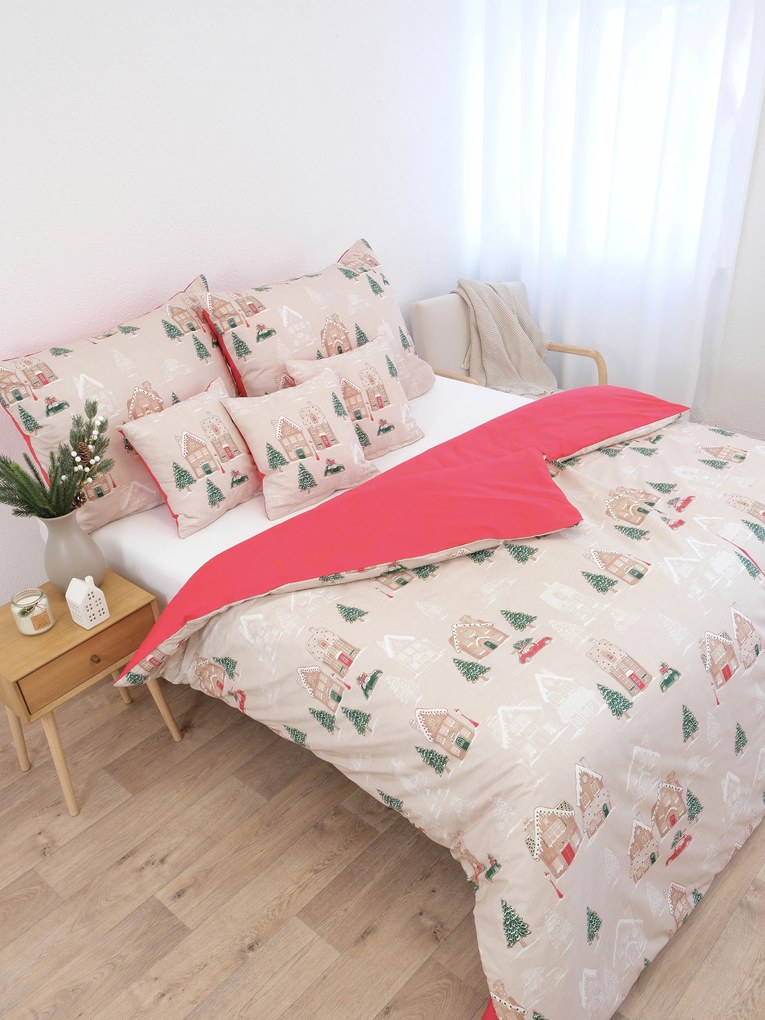 Vianočné francúzske bavlnené obliečky Renforcé - Perníková chalúpka krémové