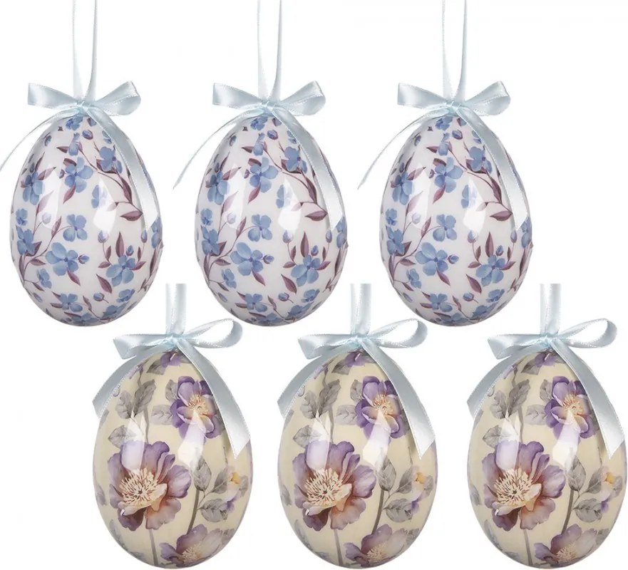 6ks dekorácie biele a béžové závesné vajíčko s kvetmi Spring Egg - Ø 7*10 cm