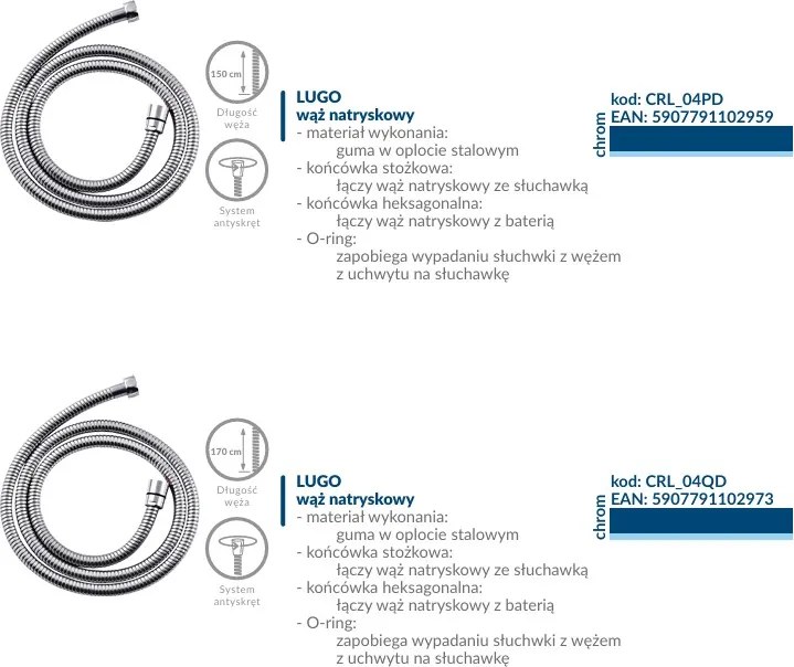 Kuchinox Lugo, sprchová hadica 1700 mm, chrómová, LAV-CRL_04QD
