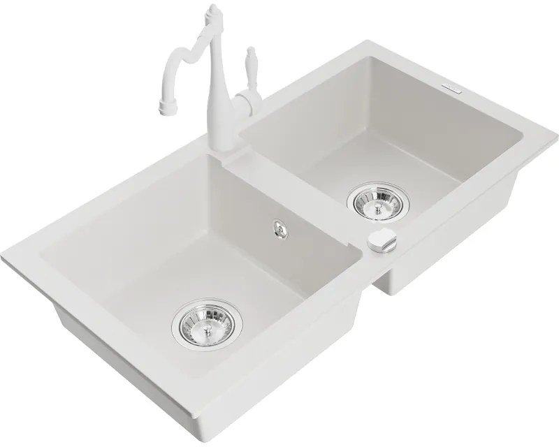 Mexen Mario, granitový drez 820x436x161 mm, 2-komorový a drezová batéria Carla, biela, 6504-20-670700-20