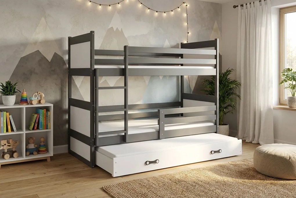 Poschodová posteľ s prístelkou RICO 3 190x90 Grafitová - Biela