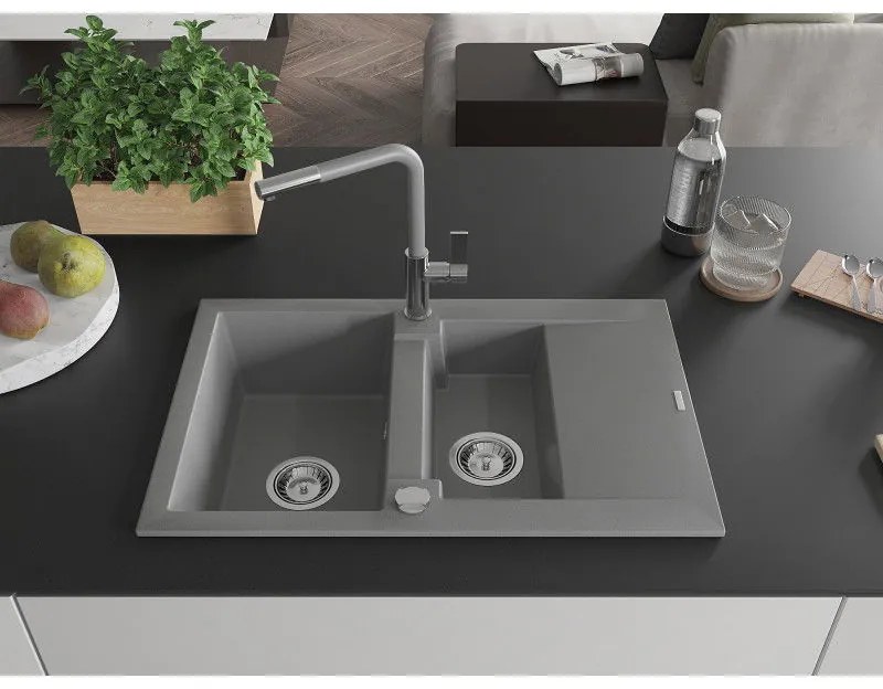 Mexen Gaspar, 1,5-komorový granitový drez 737x475x177 mm a drezová batéria Flora, šedá, 6507-71-670401-06
