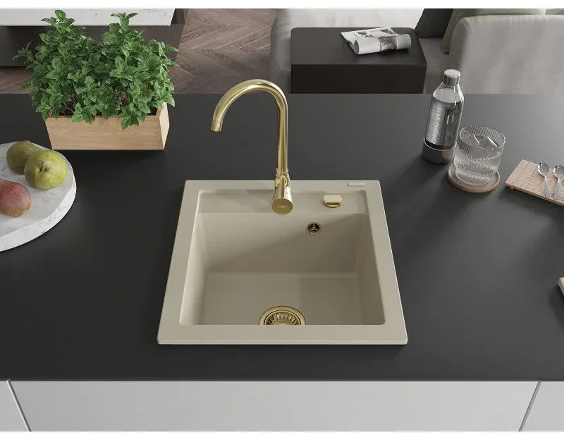 Mexen Vito, 1-komorový granitový drez 520x490x210 mm, zlatá batéria Telma, béžová, 6503-69-670200-50