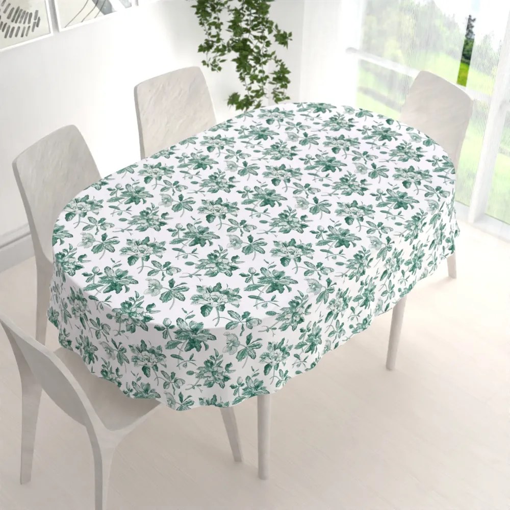 Biante Teflónový oválny obrus TF-091 Zelené kvety na bielom 50x100 cm