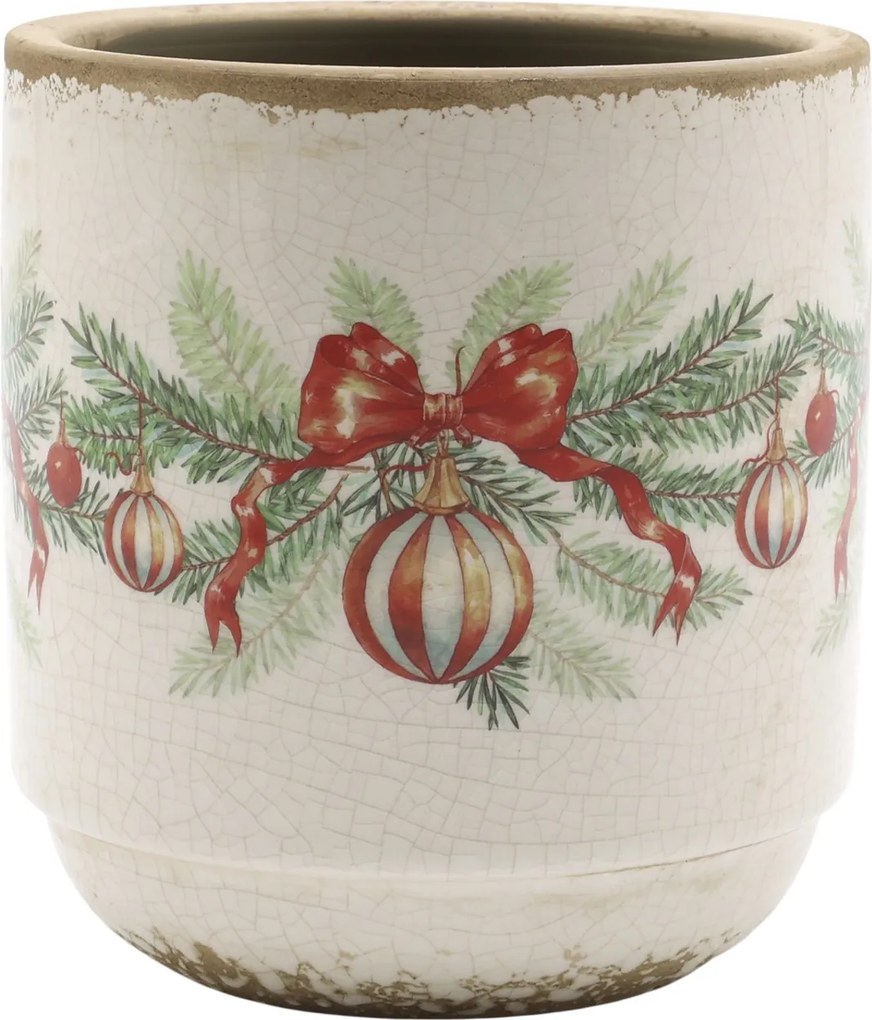 Béžový keramický kvetináč s vianočnými ozdobami Christmas Bow & Bauble – Ø 13*13,5 cm