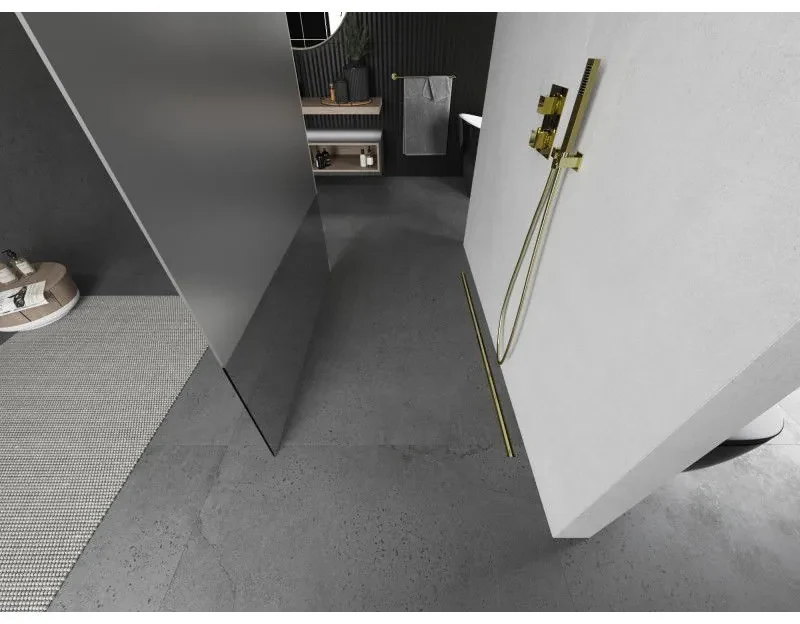 Mexen Kioto, sprchová zástena Walk-In 110 x 200 cm, 8mm číre sklo-námraza, zlatý matný profil, 800-110-002-55-35