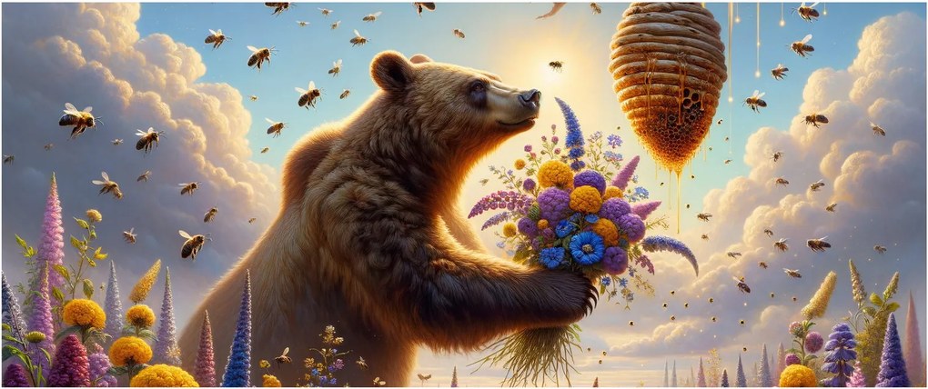 Obraz - Medveď a včielky (120x50 cm)