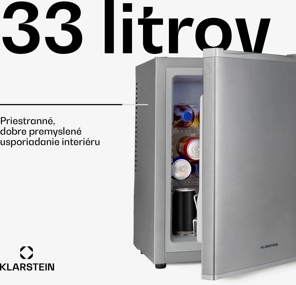 Klarstein Happy Hour 33, minibar, 33 l, 5-15°C, energet. trieda G, tichý, 25 dB, LED svetlo, strieborný